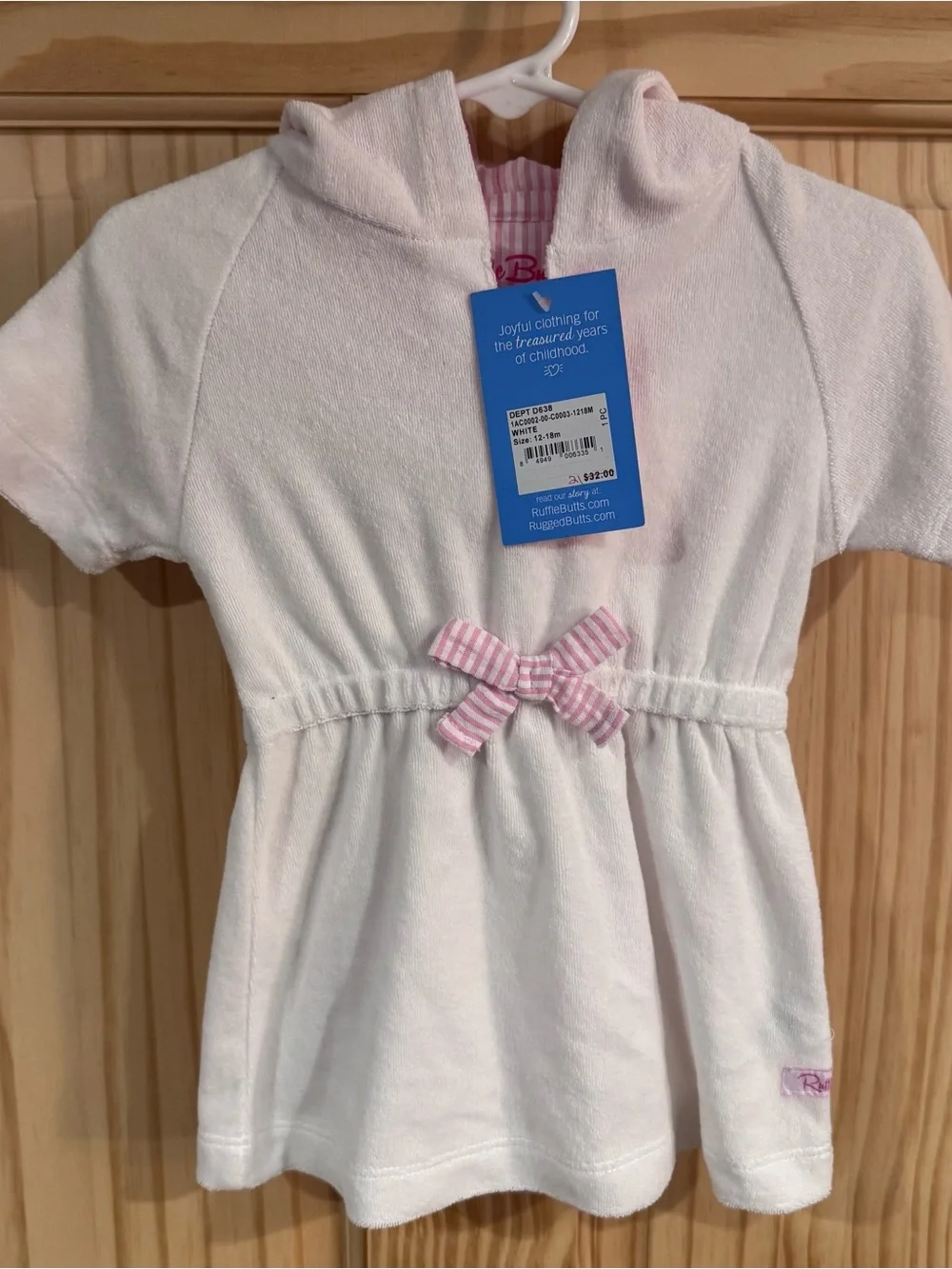 Ruffle Butts White Hooded Girls' Swim Coverup with Pink Bow NWT 12-18